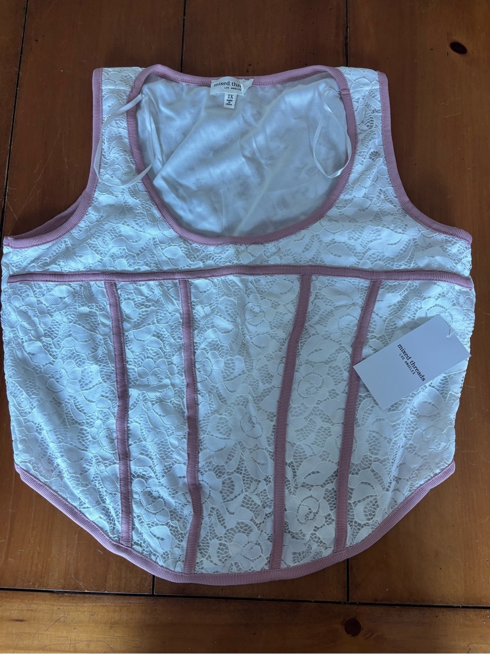 Mixed Threads Los Angeles Lace Corset Tank Top in White with Pink Trim NWT 1X